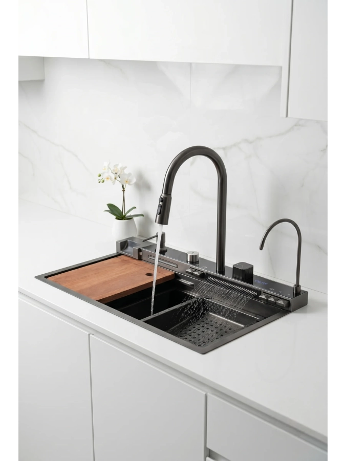 Flow Teknolojik Eviye Seti Ambiyans Işıklı Multifonksiyon Premium Mutfak Evyesi 75 x 46 cm